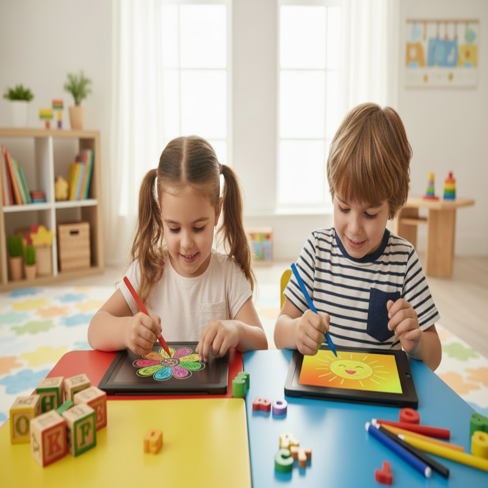 i like what what the girl drew in her tablet. make the boys picture have the same concept as hers